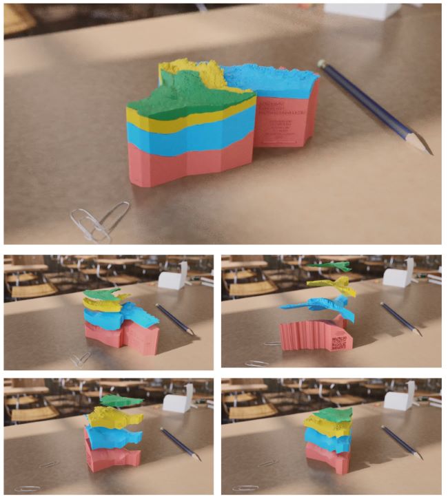 Dans une capture d’écran tirée d’une animation, les quatre couches de différentes couleurs d’un modèle imprimé 3D de la géologie du sud de l’Ontario flottent l’une au-dessus de l’autre. 
